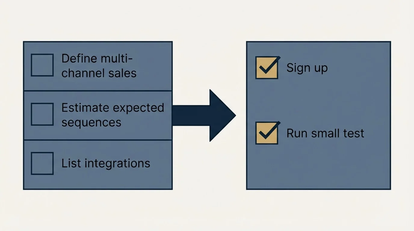 Before-and-after steps: Getting Started Checklist (Define multi-channel sales, Estimate expected sequences, List integrations, Sign up)