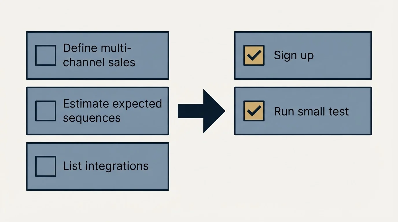 Before-and-after steps: Getting Started Checklist (Define multi-channel sales, Estimate expected sequences, List integrations, Sign up)