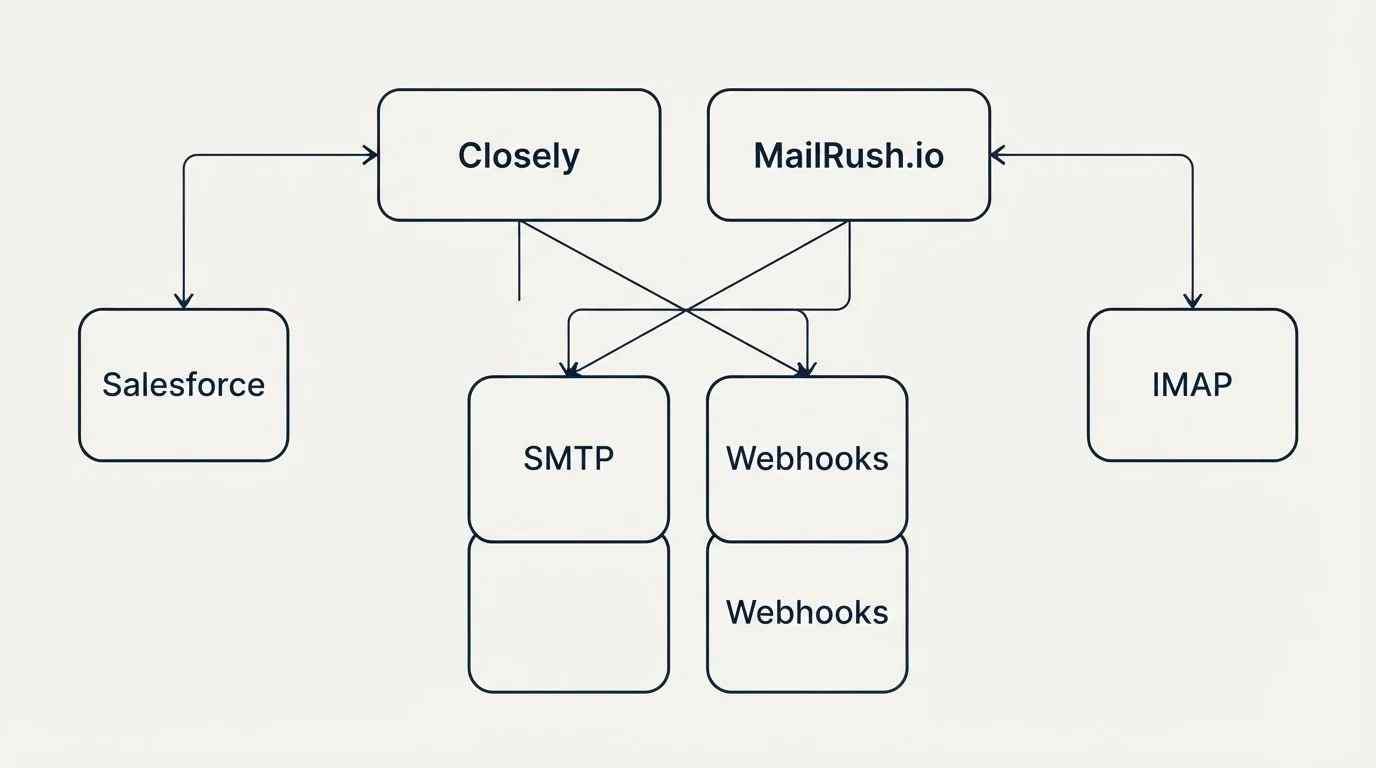 Integration grid: Integration Ecosystem (Closely, MailRush.io, SMTP, Webhooks)