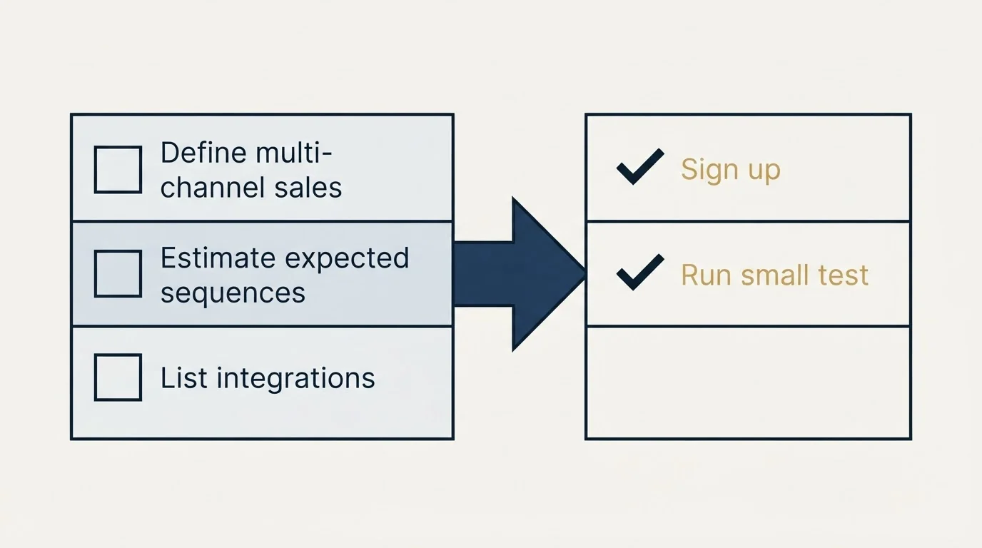 Before-and-after steps: Getting Started Checklist (Define multi-channel sales, Estimate expected sequences, List integrations, Sign up)
