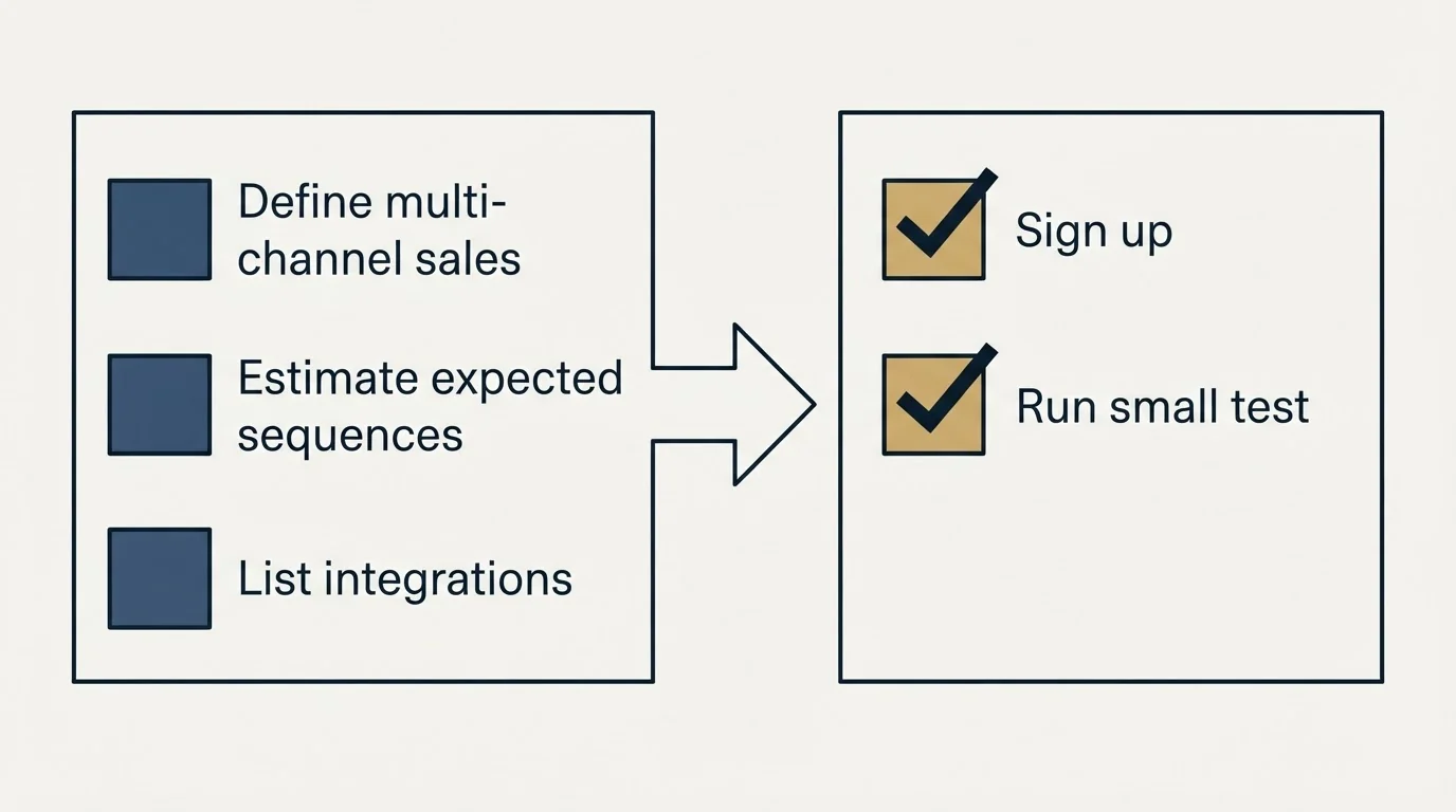 Before-and-after steps: Getting Started Checklist (Define multi-channel sales, Estimate expected sequences, List integrations, Sign up)