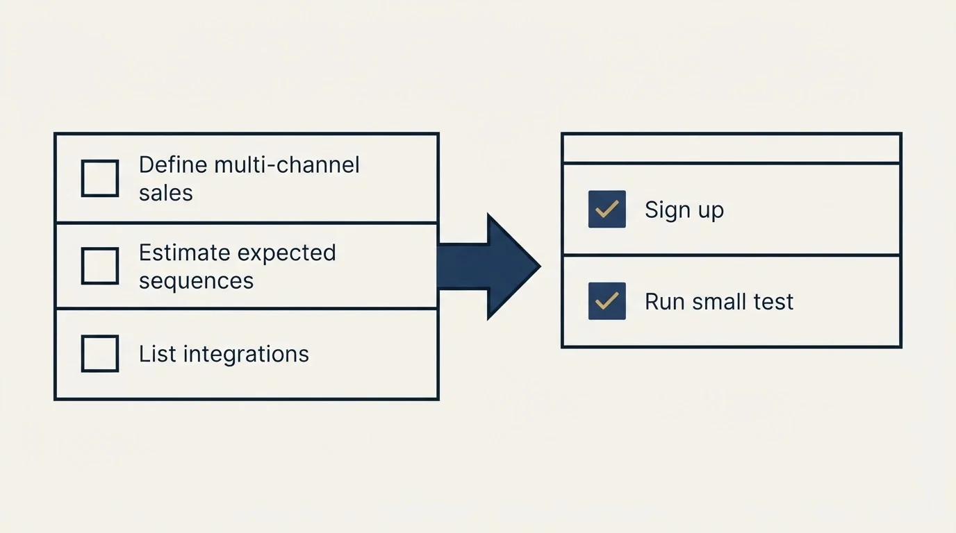 Before-and-after steps: Getting Started Checklist (Define multi-channel sales, Estimate expected sequences, List integrations, Sign up)