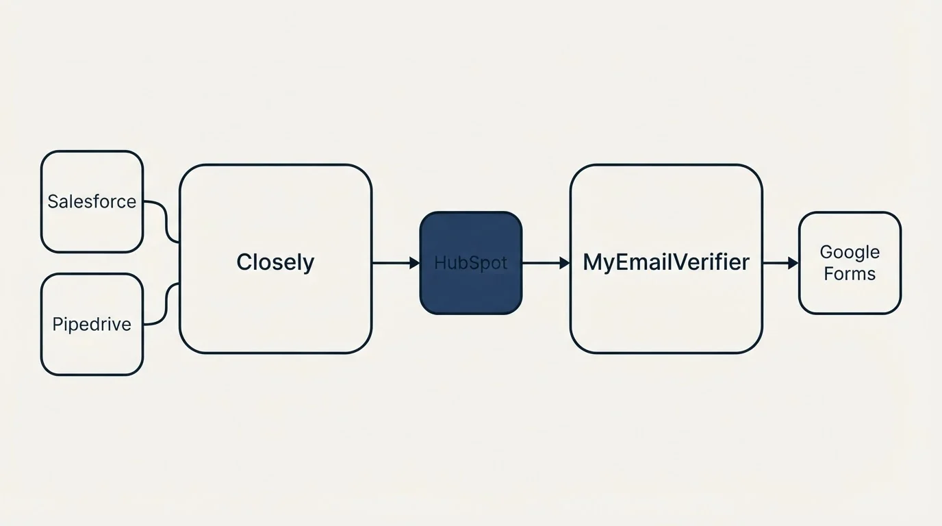 Integration schematic: Integration Ecosystem (Closely, MyEmailVerifier, HubSpot, Salesforce)
