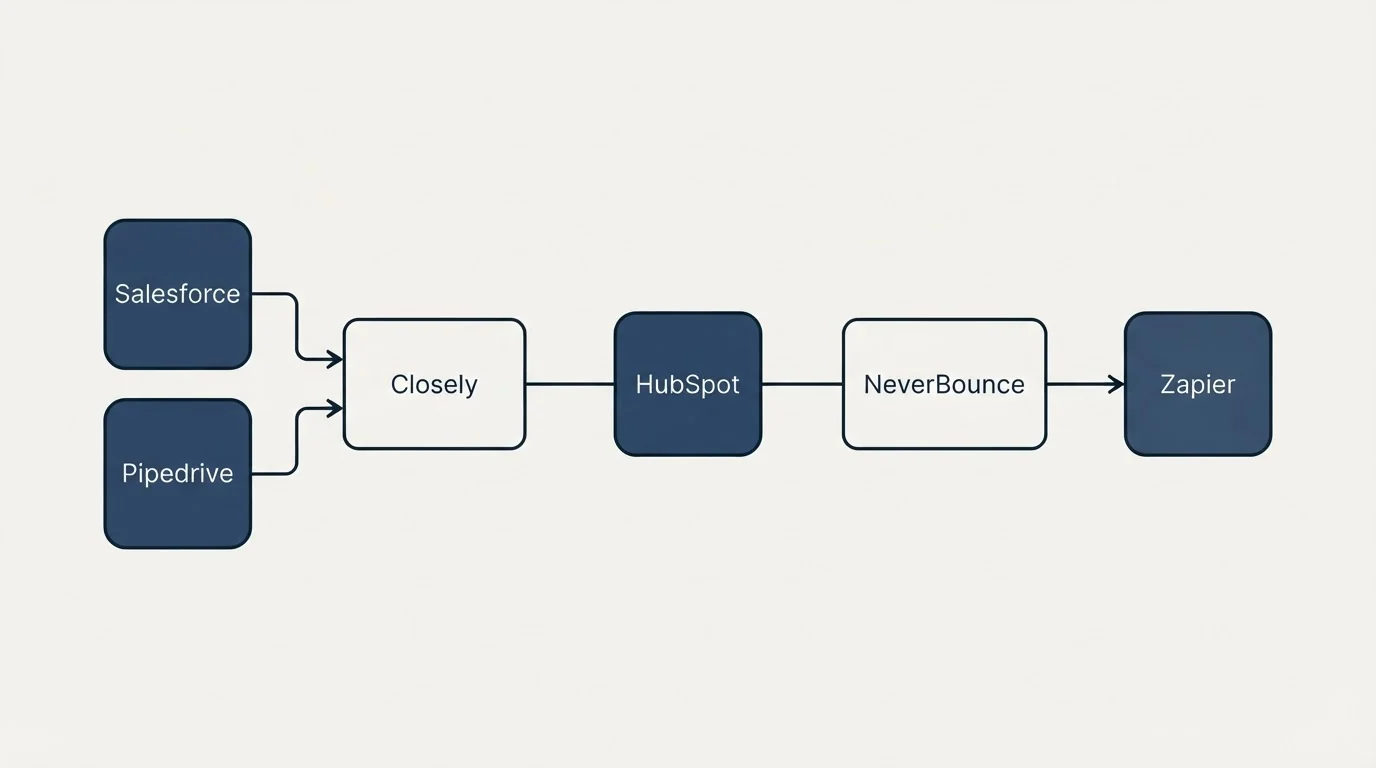 Integration flow: Integration Ecosystem (Closely, NeverBounce, HubSpot, Salesforce)