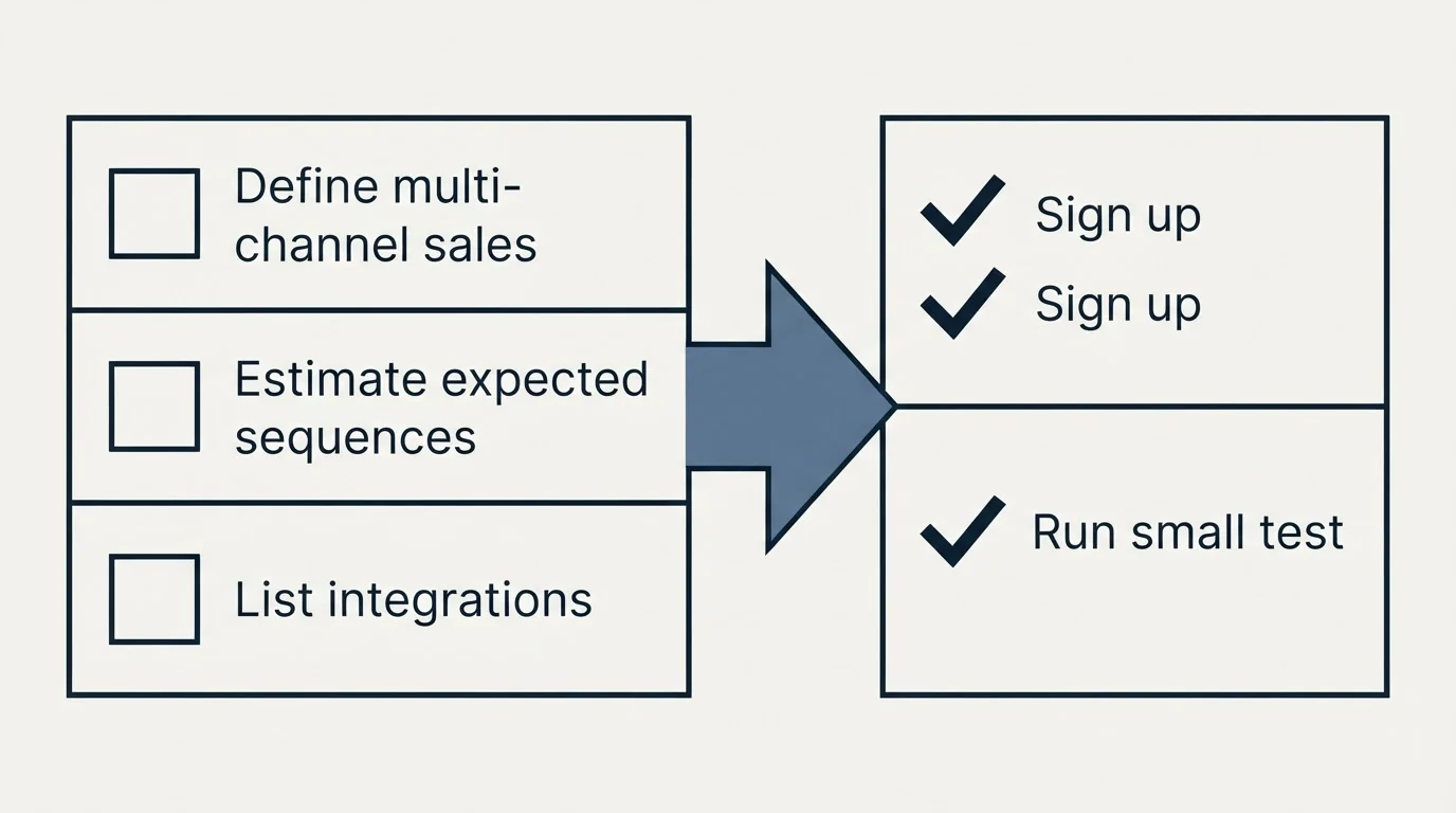 Before-and-after steps: Getting Started Checklist (Define multi-channel sales, Estimate expected sequences, List integrations, Sign up)