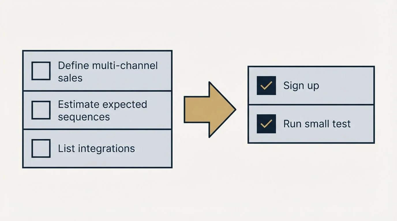 Before-and-after steps: Getting Started Checklist (Define multi-channel sales, Estimate expected sequences, List integrations, Sign up)