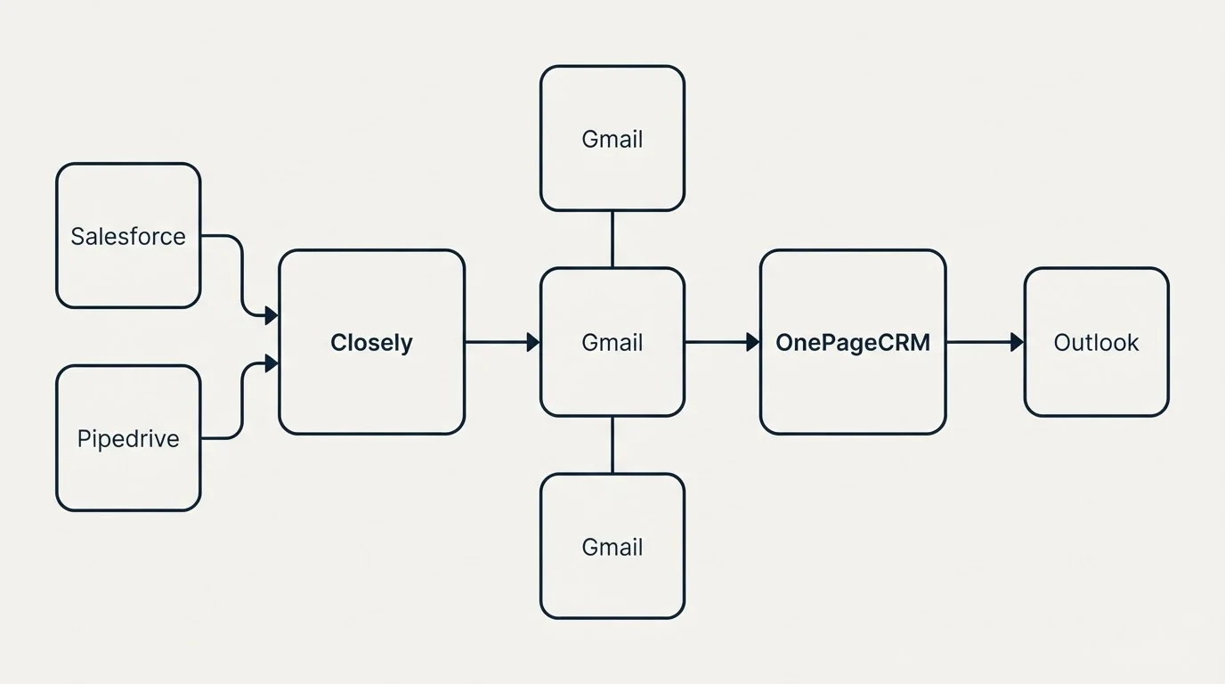 Integration flow: Integration Ecosystem (Closely, OnePageCRM, Gmail, Salesforce)
