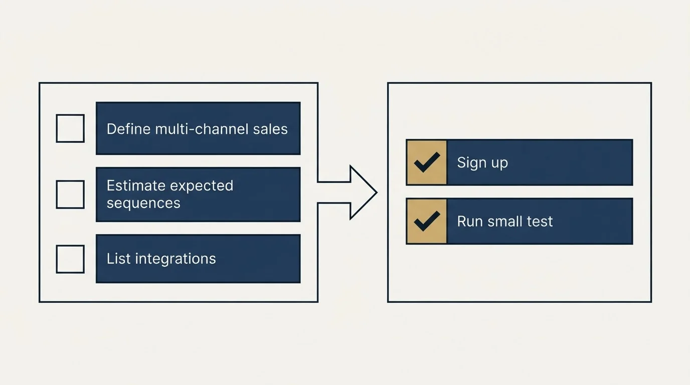 Before-and-after steps: Getting Started Checklist (Define multi-channel sales, Estimate expected sequences, List integrations, Sign up)