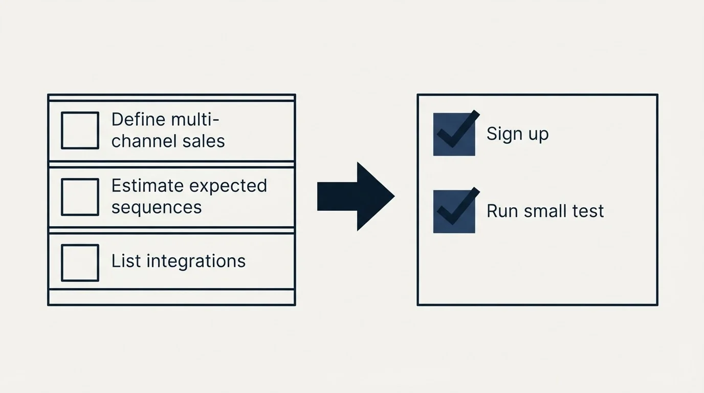 Before-and-after steps: Getting Started Checklist (Define multi-channel sales, Estimate expected sequences, List integrations, Sign up)