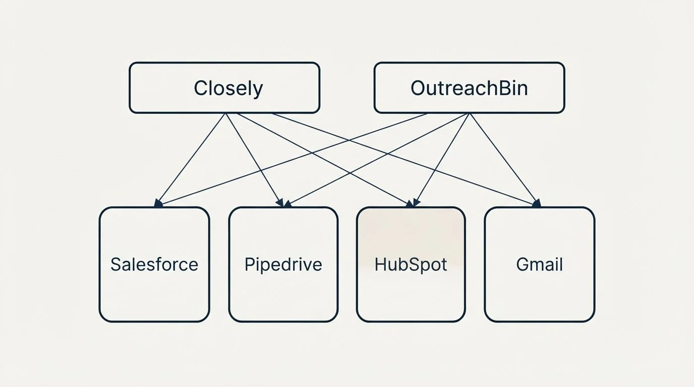 Integration grid: Integration Ecosystem (Closely, OutreachBin, Salesforce, Pipedrive)