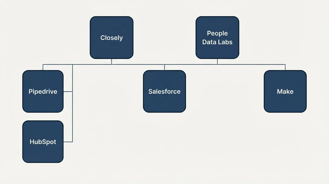 Integration grid: Integration Ecosystem (Closely, People Data Labs, Salesforce, Pipedrive)