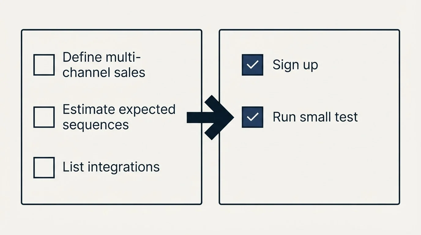 Before-and-after steps: Getting Started Checklist (Define multi-channel sales, Estimate expected sequences, List integrations, Sign up)