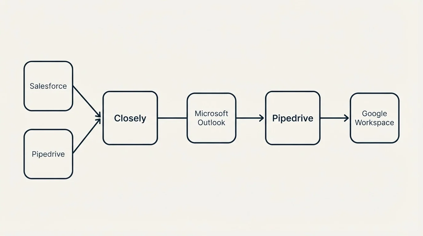 Integration schematic: Integration Ecosystem (Closely, Pipedrive, Microsoft Outlook, Salesforce)