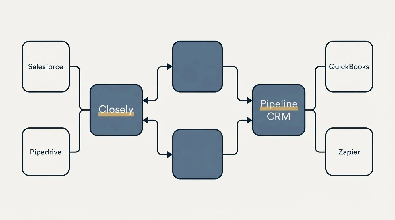 Integration flow: Integration Ecosystem (Closely, Pipeline CRM, Salesforce, QuickBooks)
