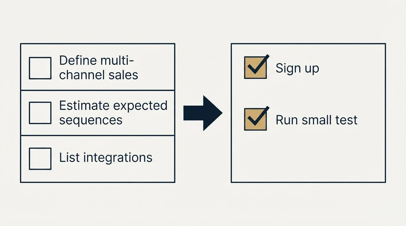 Before-and-after steps: Getting Started Checklist (Define multi-channel sales, Estimate expected sequences, List integrations, Sign up)