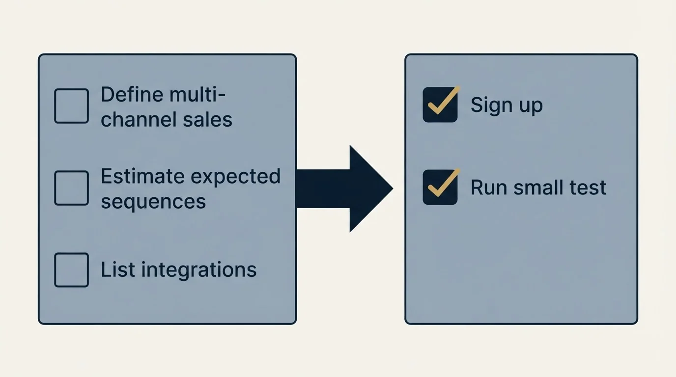 Before-and-after steps: Getting Started Checklist (Define multi-channel sales, Estimate expected sequences, List integrations, Sign up)