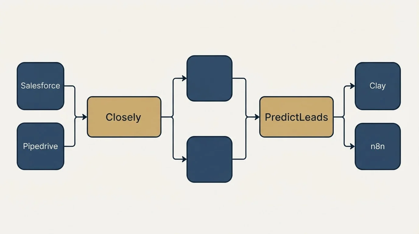 Integration flow: Integration Ecosystem (Closely, PredictLeads, Salesforce, Clay)