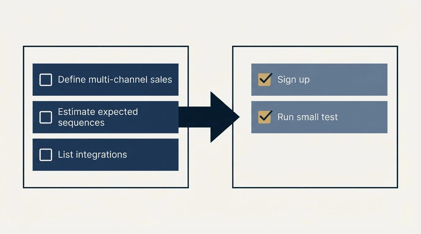 Before-and-after steps: Getting Started Checklist (Define multi-channel sales, Estimate expected sequences, List integrations, Sign up)