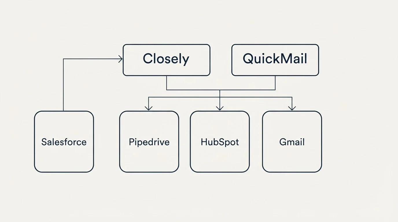 Integration grid: Integration Ecosystem (Closely, QuickMail, Pipedrive, HubSpot)