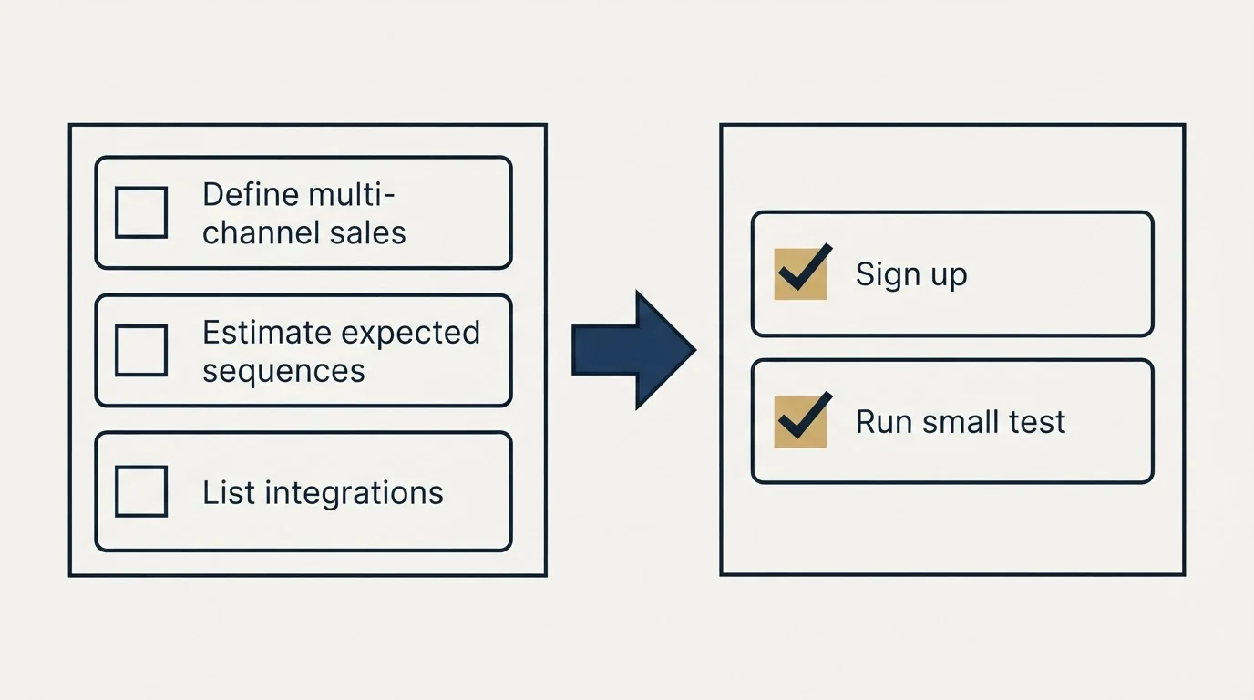 Before-and-after steps: Getting Started Checklist (Define multi-channel sales, Estimate expected sequences, List integrations, Sign up)