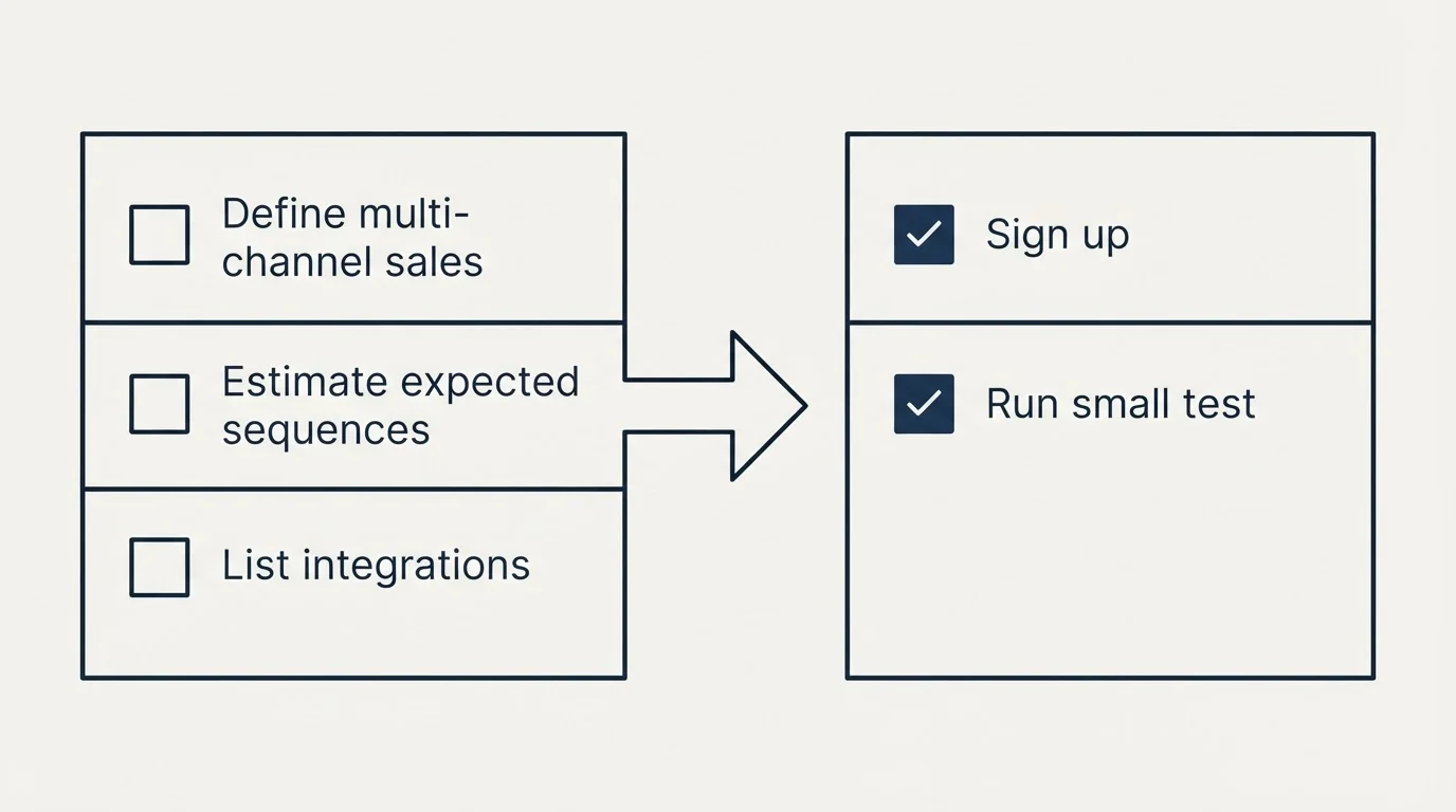 Before-and-after steps: Getting Started Checklist (Define multi-channel sales, Estimate expected sequences, List integrations, Sign up)