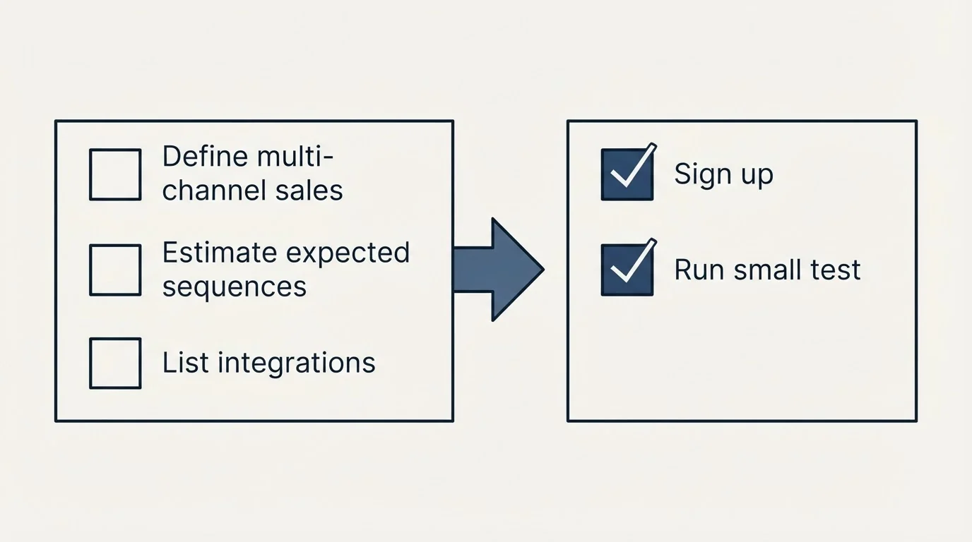 Before-and-after steps: Getting Started Checklist (Define multi-channel sales, Estimate expected sequences, List integrations, Sign up)