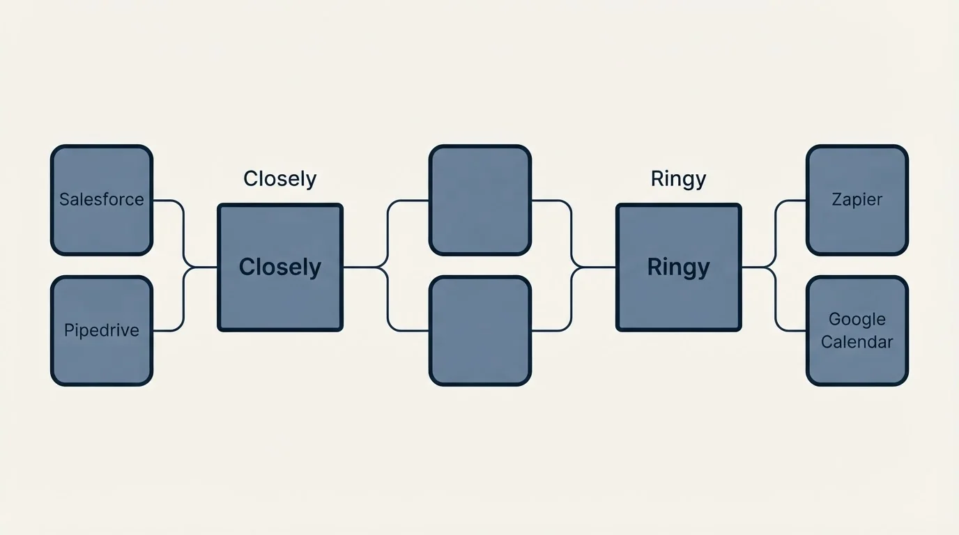 Integration schematic: Integration Ecosystem (Closely, Ringy, Salesforce, Zapier)