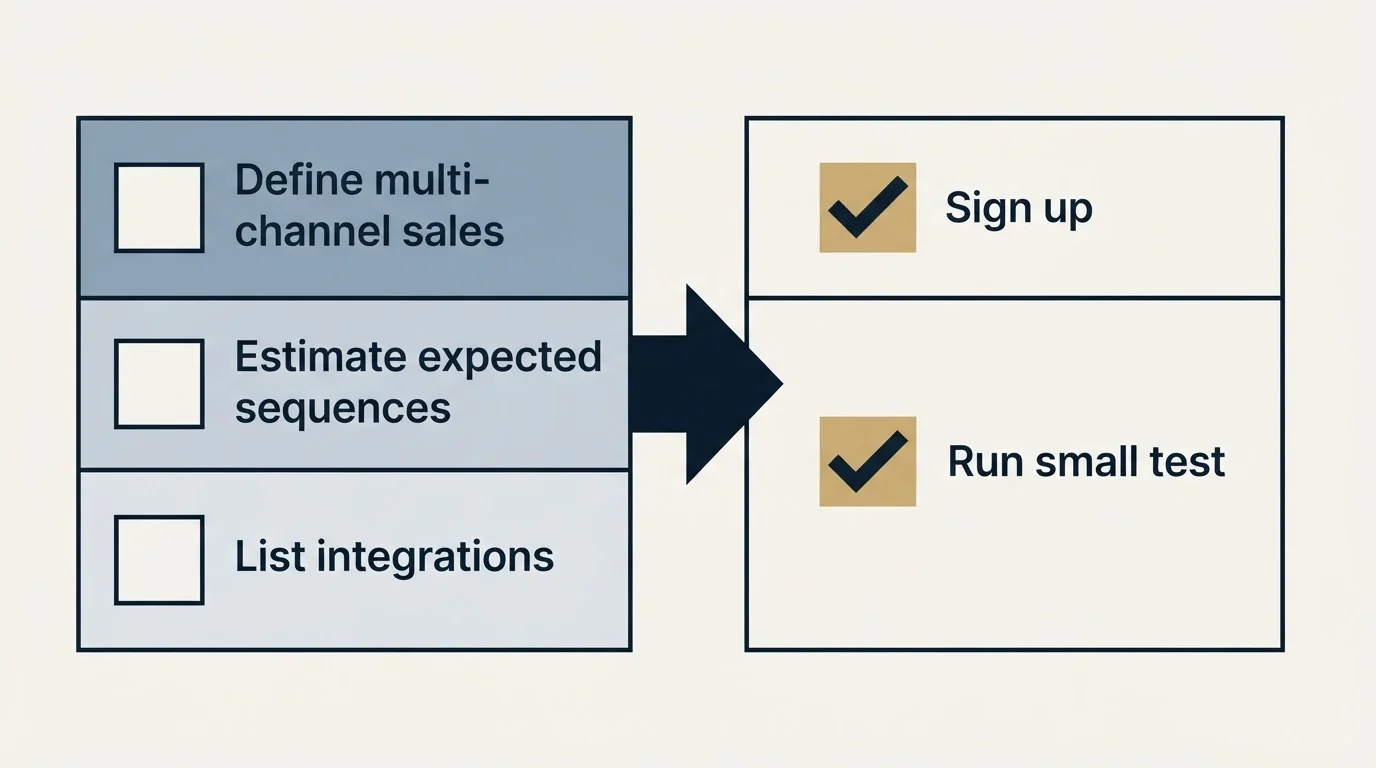 Before-and-after steps: Getting Started Checklist (Define multi-channel sales, Estimate expected sequences, List integrations, Sign up)