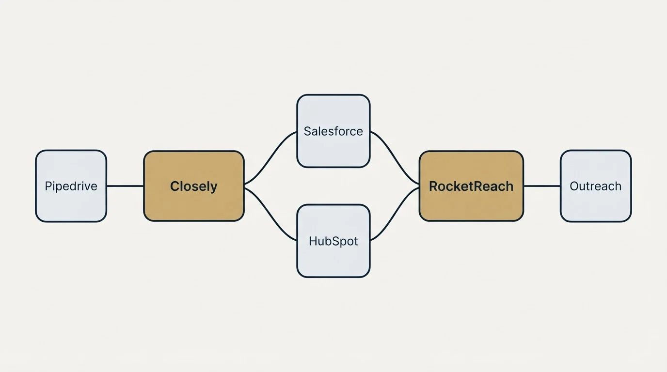 Integration schematic: Integration Ecosystem (Closely, RocketReach, Salesforce, HubSpot)