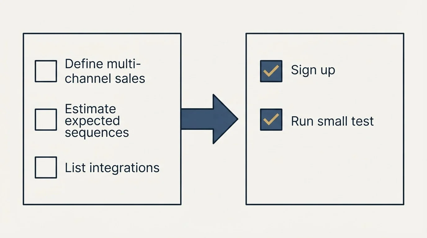 Before-and-after steps: Getting Started Checklist (Define multi-channel sales, Estimate expected sequences, List integrations, Sign up)