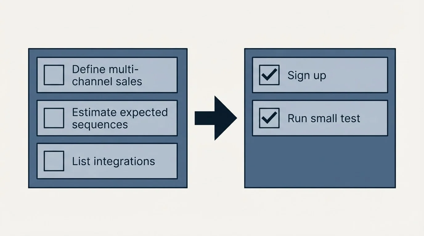 Before-and-after steps: Getting Started Checklist (Define multi-channel sales, Estimate expected sequences, List integrations, Sign up)