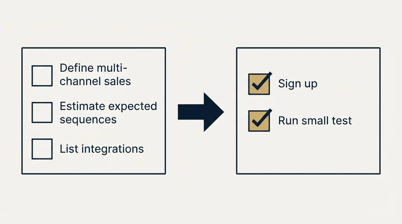 Before-and-after steps: Getting Started Checklist (Define multi-channel sales, Estimate expected sequences, List integrations, Sign up)