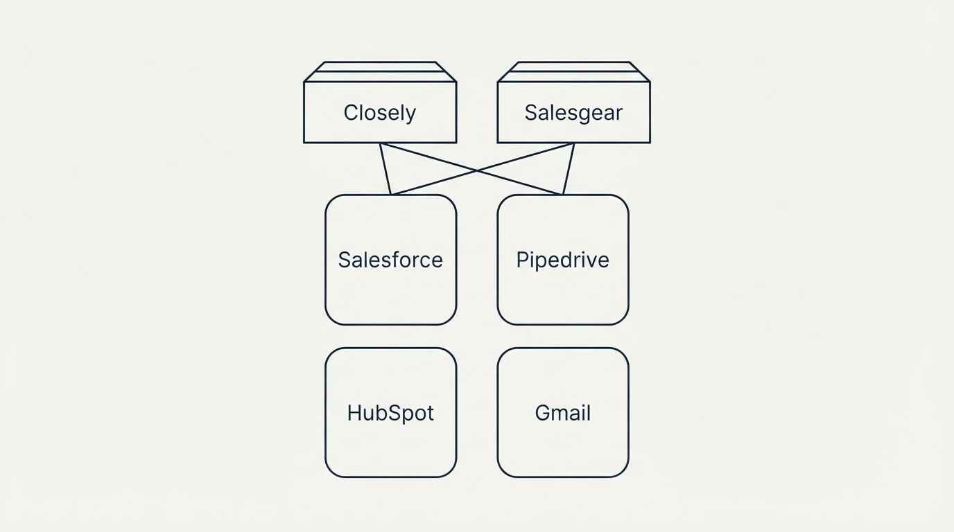 Integration grid: Integration Ecosystem (Closely, Salesgear, Salesforce, Pipedrive)