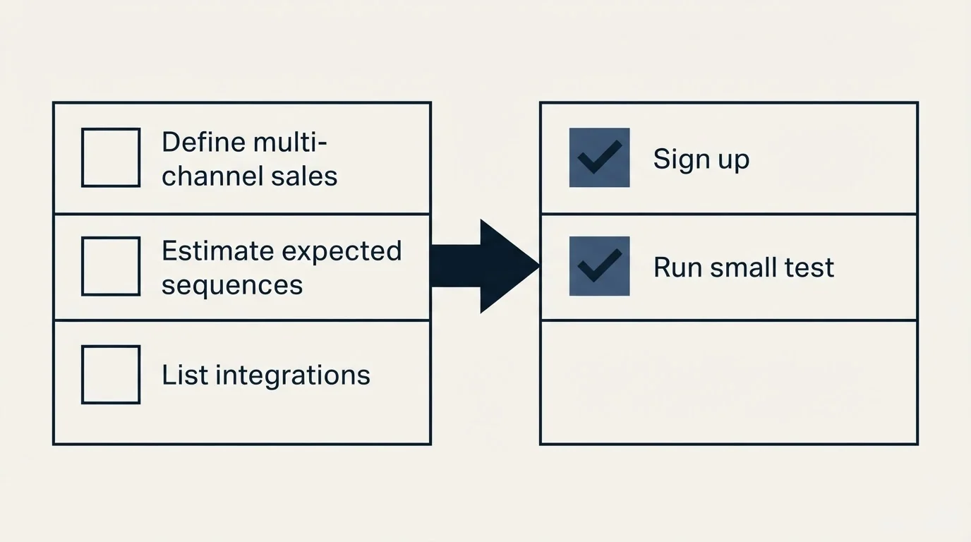 Before-and-after steps: Getting Started Checklist (Define multi-channel sales, Estimate expected sequences, List integrations, Sign up)