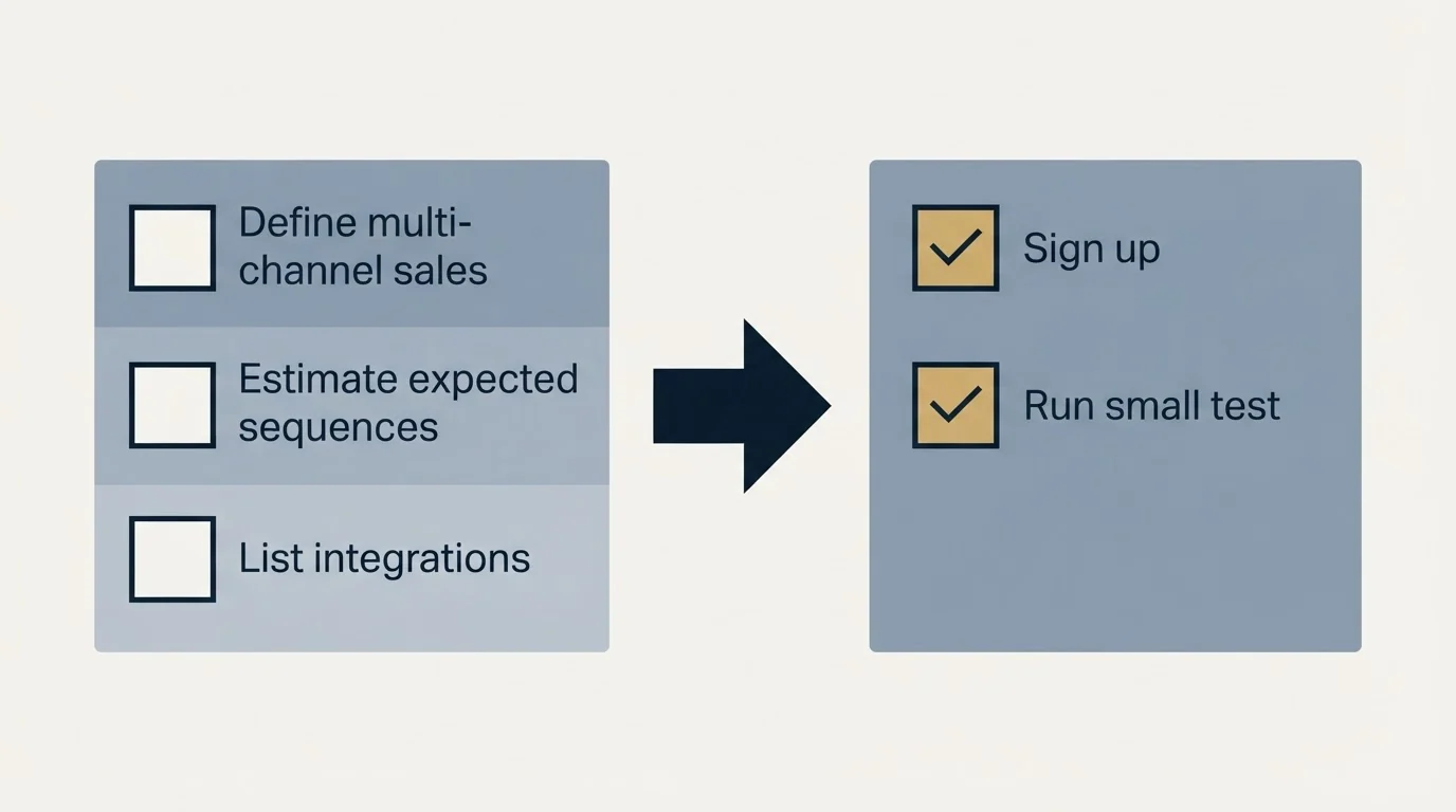 Before-and-after steps: Getting Started Checklist (Define multi-channel sales, Estimate expected sequences, List integrations, Sign up)