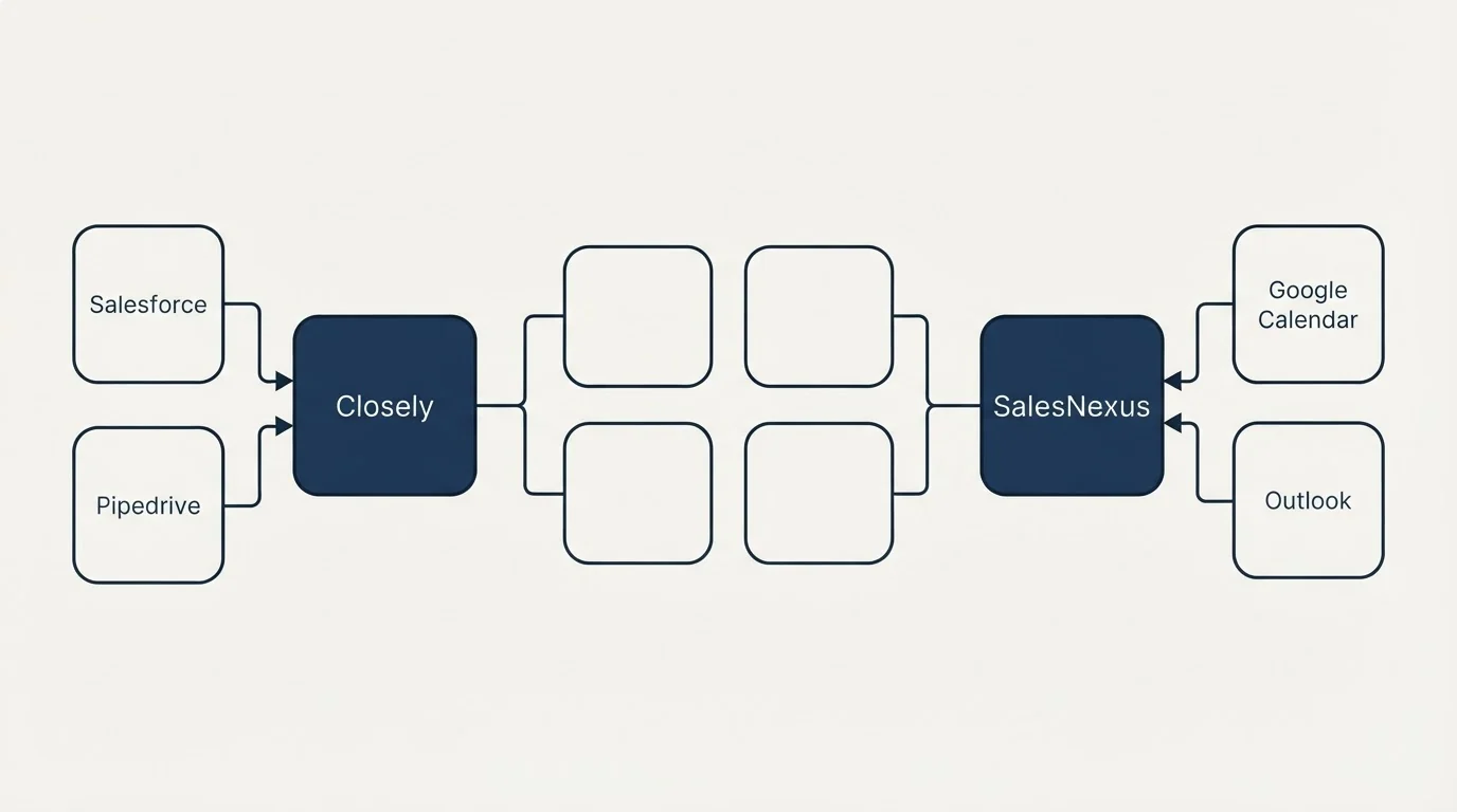 Integration schematic: Integration Ecosystem (Closely, SalesNexus, Salesforce, Google Calendar)
