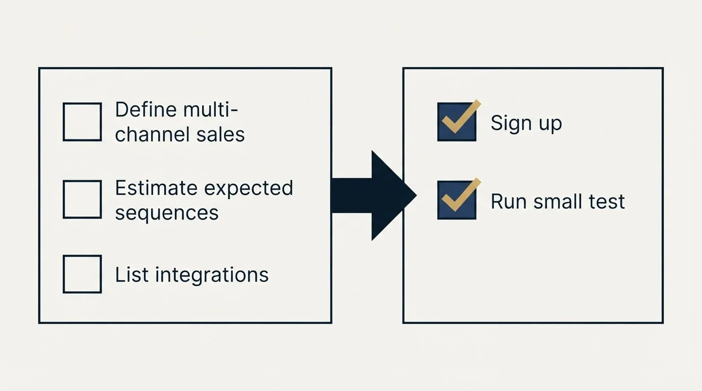Before-and-after steps: Getting Started Checklist (Define multi-channel sales, Estimate expected sequences, List integrations, Sign up)