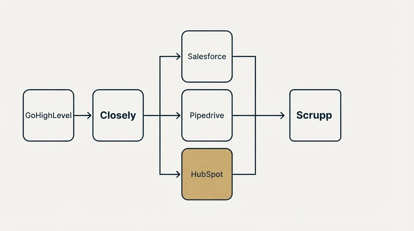 Integration flow: Integration Ecosystem (Closely, Scrupp, Salesforce, Pipedrive)