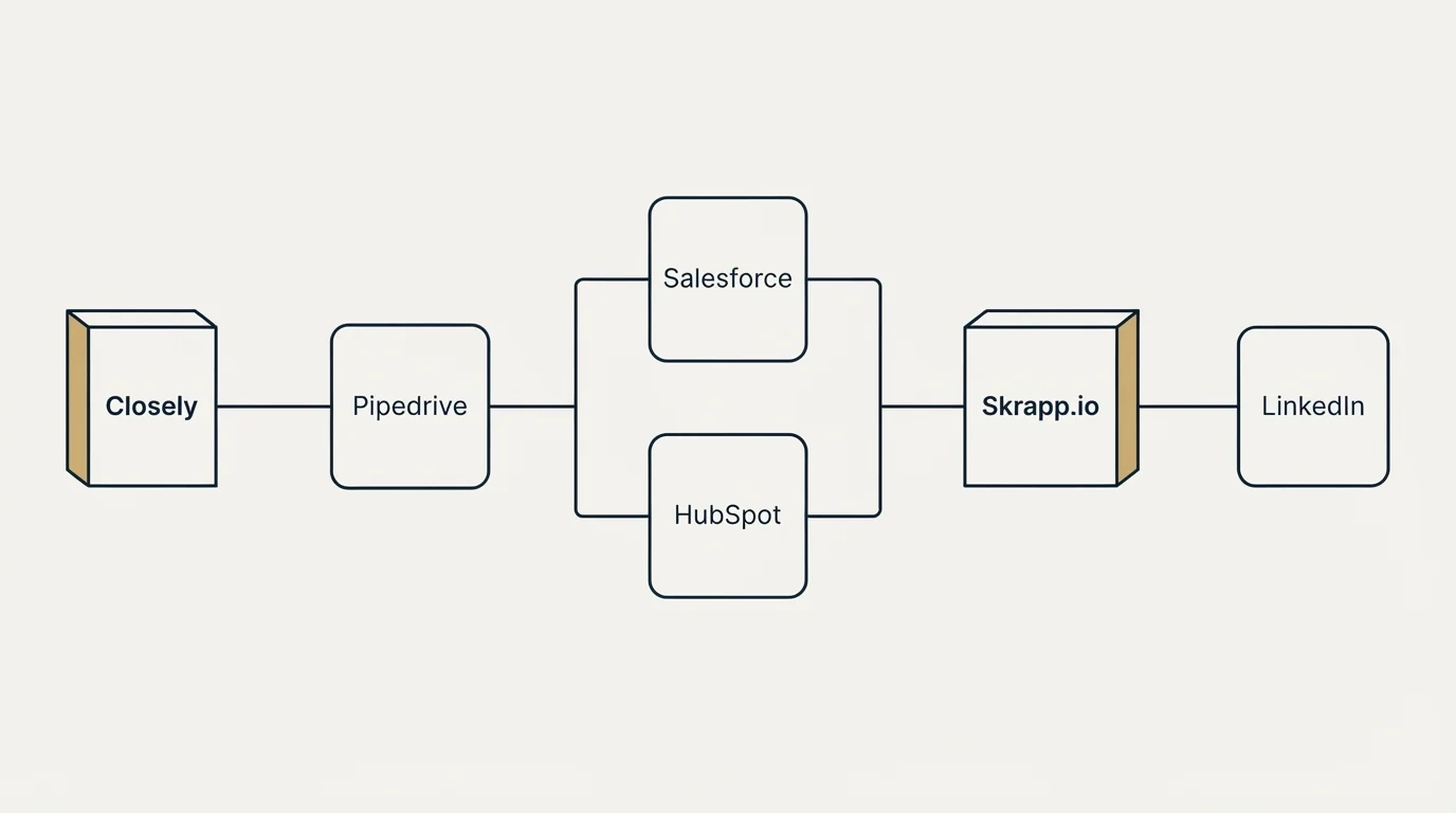 Integration flow: Integration Ecosystem (Closely, Skrapp.io, Salesforce, HubSpot)
