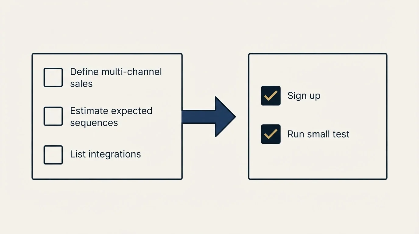 Before-and-after steps: Getting Started Checklist (Define multi-channel sales, Estimate expected sequences, List integrations, Sign up)