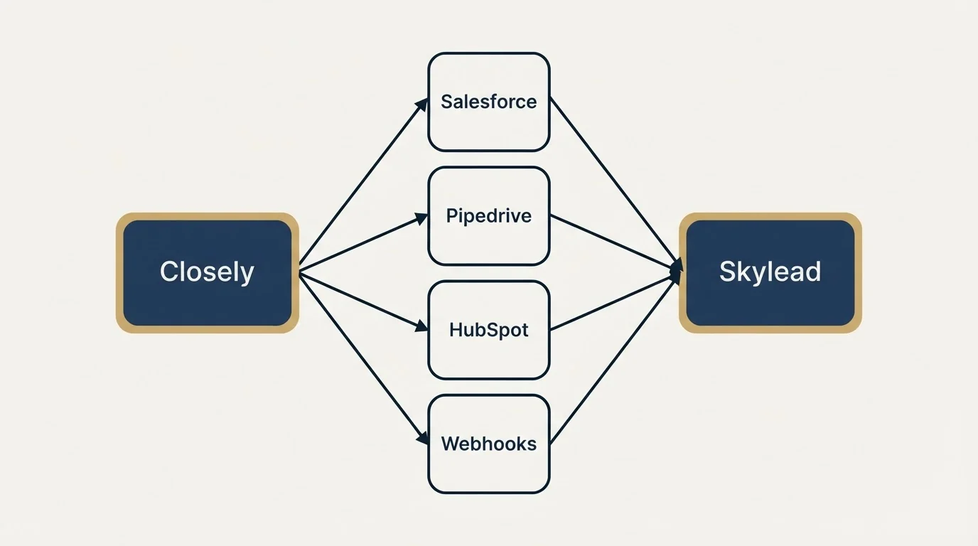 Integration schematic: Integration Ecosystem (Closely, Skylead, Salesforce, Pipedrive)