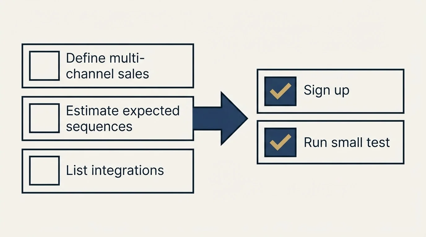 Before-and-after steps: Getting Started Checklist (Define multi-channel sales, Estimate expected sequences, List integrations, Sign up)