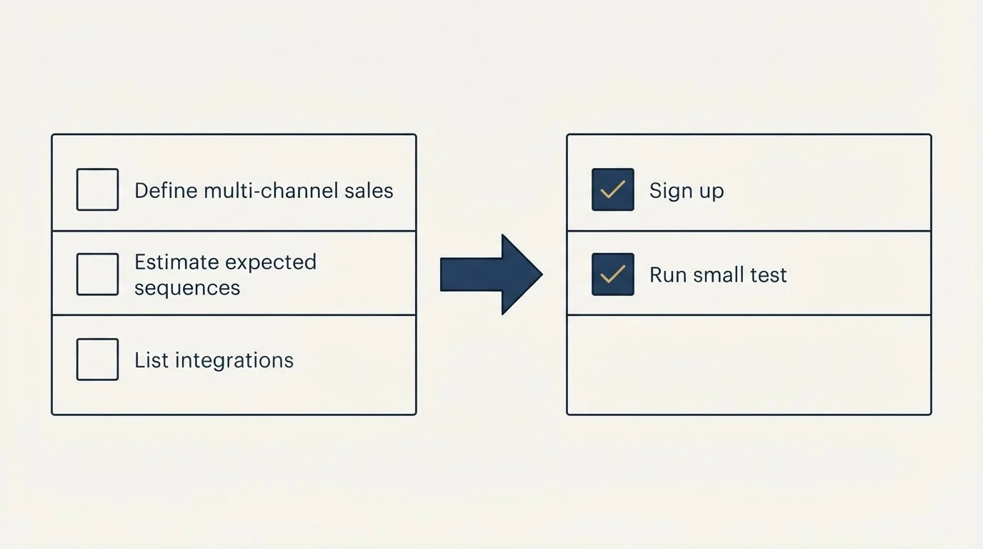 Before-and-after steps: Getting Started Checklist (Define multi-channel sales, Estimate expected sequences, List integrations, Sign up)