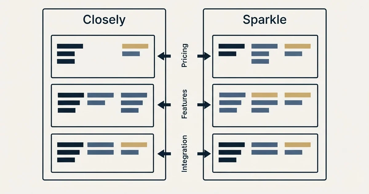 Comparison panel: Closely vs Sparkle (Pricing, Features, Integration)