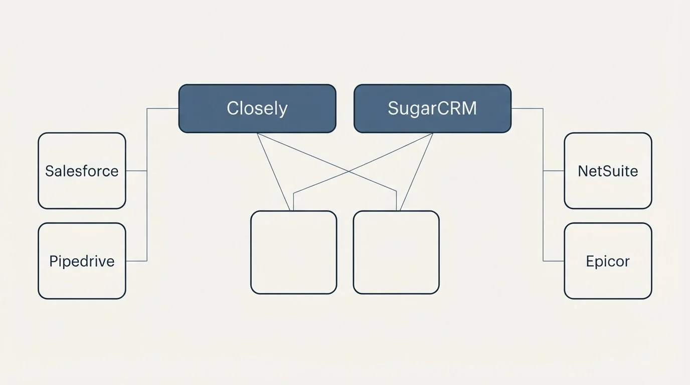 Integration grid: Integration Ecosystem (Closely, SugarCRM, Salesforce, NetSuite)