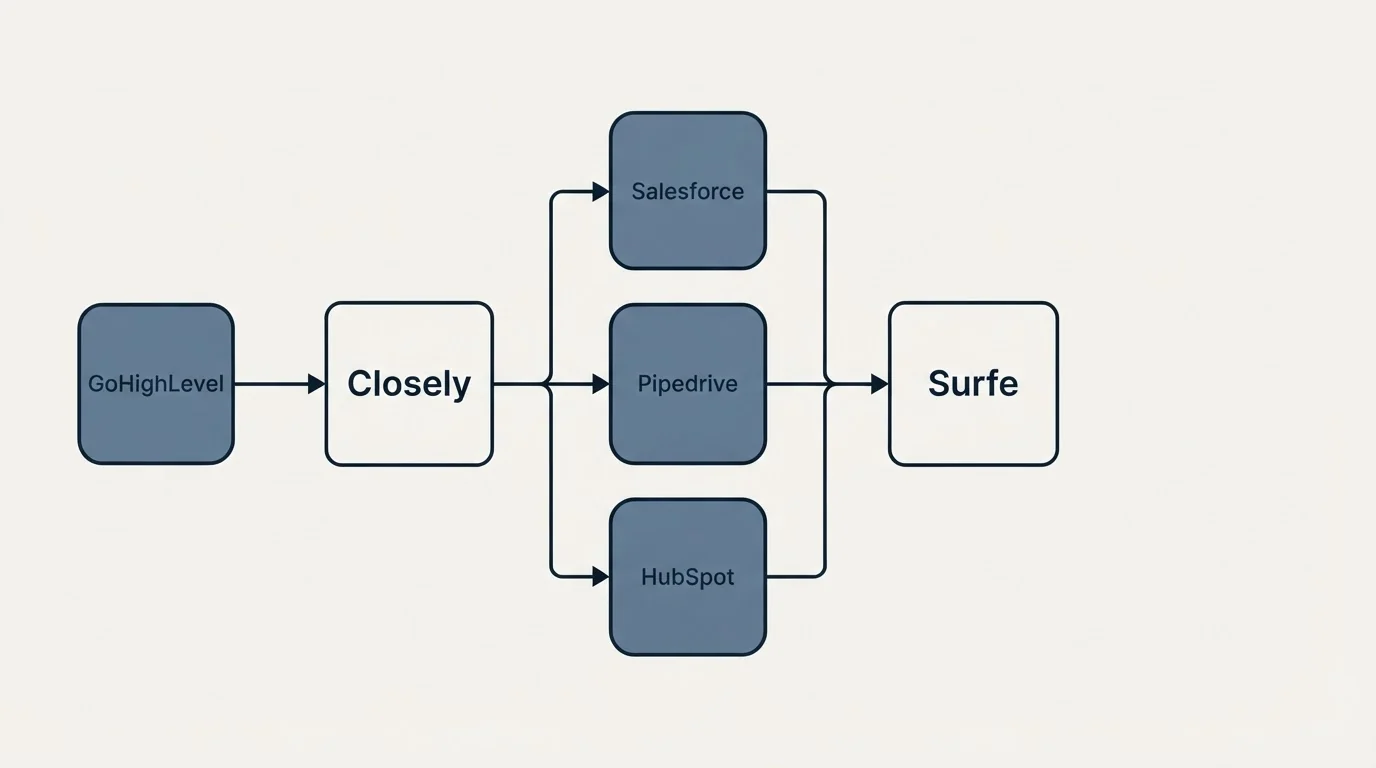Integration flow: Integration Ecosystem (Closely, Surfe, Salesforce, Pipedrive)