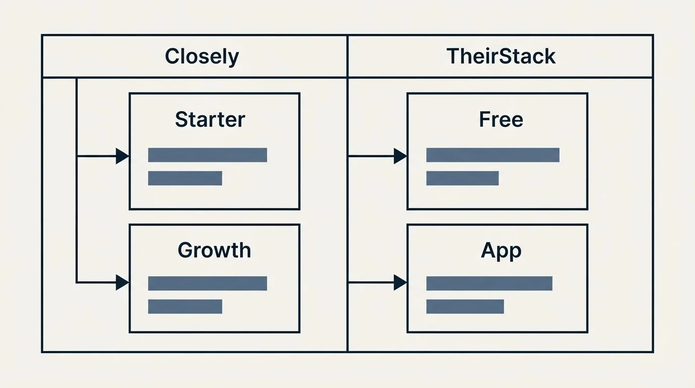 Pricing table: Pricing Comparison (Closely, TheirStack, Starter, Free)