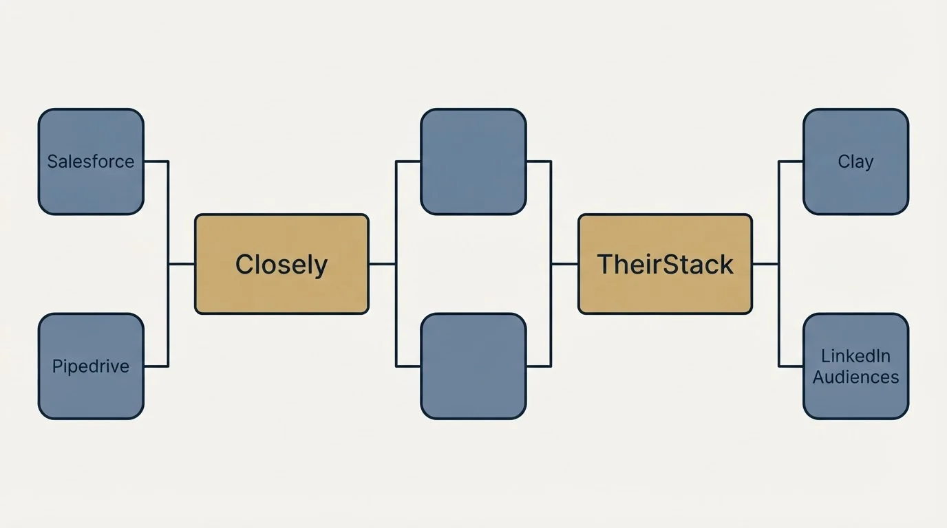 Integration flow: Integration Ecosystem (Closely, TheirStack, Salesforce, Clay)