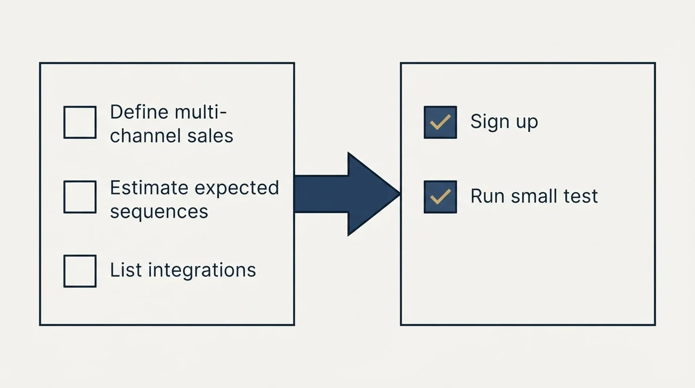 Before-and-after steps: Getting Started Checklist (Define multi-channel sales, Estimate expected sequences, List integrations, Sign up)