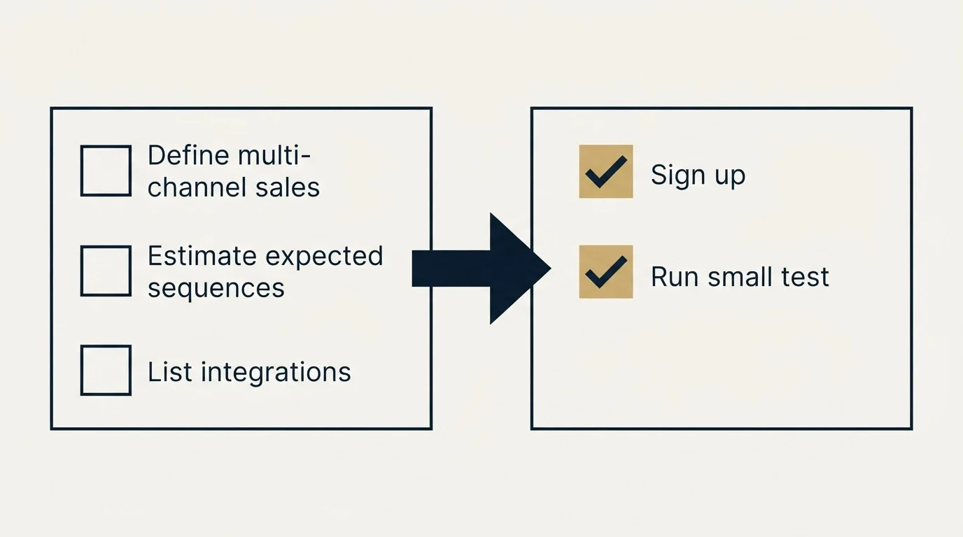 Before-and-after steps: Getting Started Checklist (Define multi-channel sales, Estimate expected sequences, List integrations, Sign up)